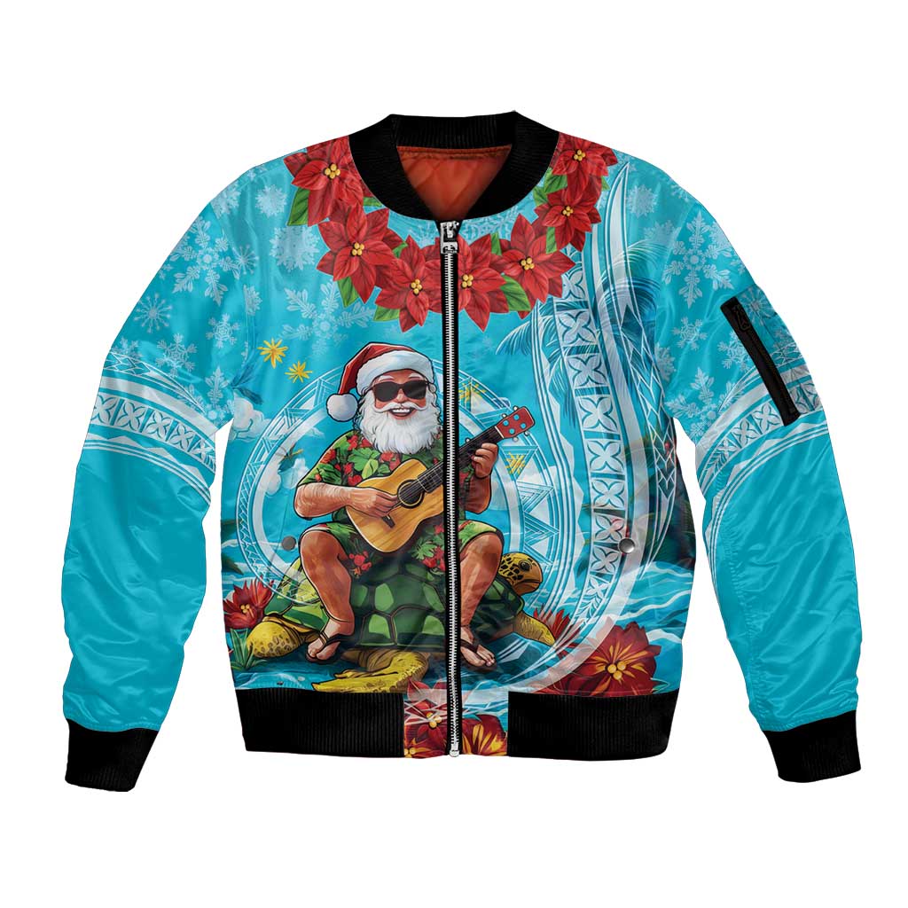 Hawaii Christmas Sleeve Zip Bomber Jacket Mele Kalikimaka Poinsettia Lei Polynesian - Blue