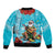 Hawaii Christmas Sleeve Zip Bomber Jacket Mele Kalikimaka Poinsettia Lei Polynesian - Blue