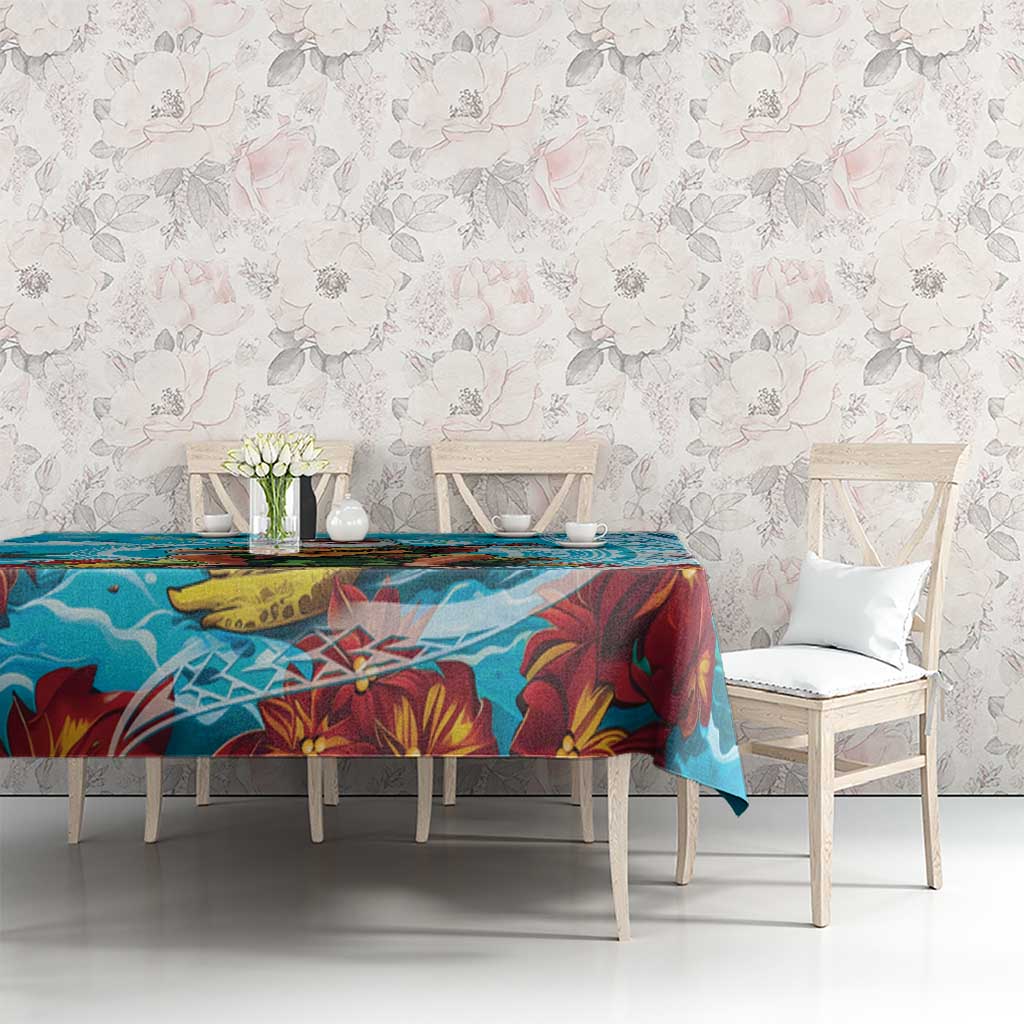 Hawaii Christmas Tablecloth Mele Kalikimaka Poinsettia Lei Polynesian - Blue