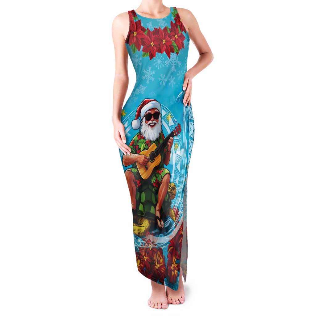 Hawaii Christmas Tank Maxi Dress Mele Kalikimaka Poinsettia Lei Polynesian - Blue