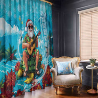 Hawaii Christmas Window Curtain Mele Kalikimaka Poinsettia Lei Polynesian - Blue