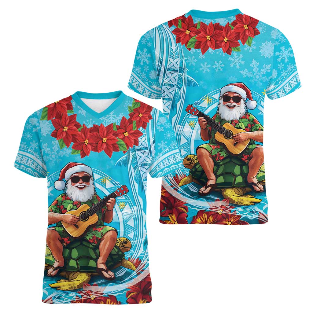 Hawaii Christmas Women V-Neck T-Shirt Mele Kalikimaka Poinsettia Lei Polynesian - Blue LT14 - Polynesian Pride