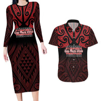 Personalised Keep Maori Wards New Zealand Couples Matching Long Sleeve Bodycon Dress and Hawaiian Shirt Stronger Together Aotearoa Taniko LT14 Black - Polynesian Pride