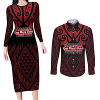Personalised Keep Maori Wards New Zealand Couples Matching Long Sleeve Bodycon Dress and Long Sleeve Button Shirt Stronger Together Aotearoa Taniko LT14 Black - Polynesian Pride