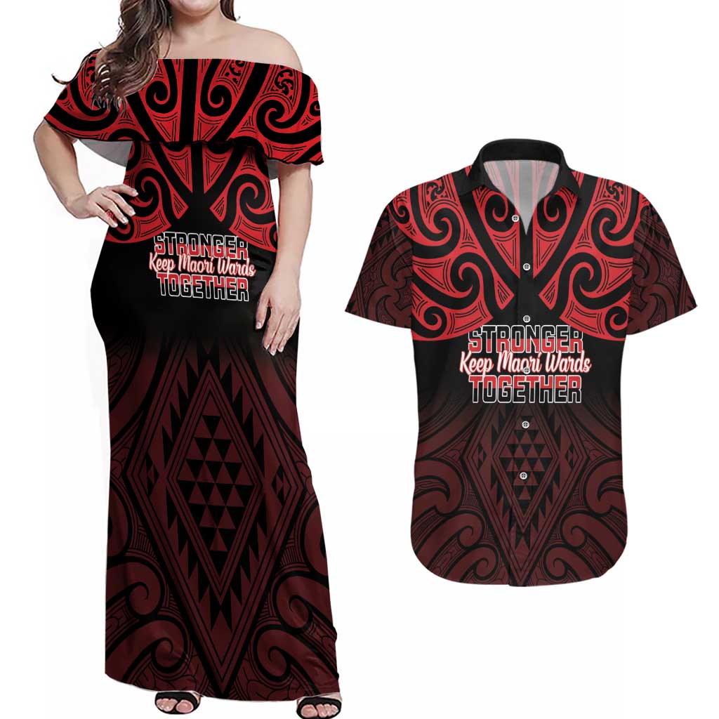 Personalised Keep Maori Wards New Zealand Couples Matching Off Shoulder Maxi Dress and Hawaiian Shirt Stronger Together Aotearoa Taniko LT14 Black - Polynesian Pride