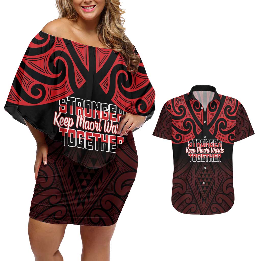 Personalised Keep Maori Wards New Zealand Couples Matching Off Shoulder Short Dress and Hawaiian Shirt Stronger Together Aotearoa Taniko LT14 Black - Polynesian Pride