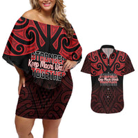 Personalised Keep Maori Wards New Zealand Couples Matching Off Shoulder Short Dress and Hawaiian Shirt Stronger Together Aotearoa Taniko LT14 Black - Polynesian Pride