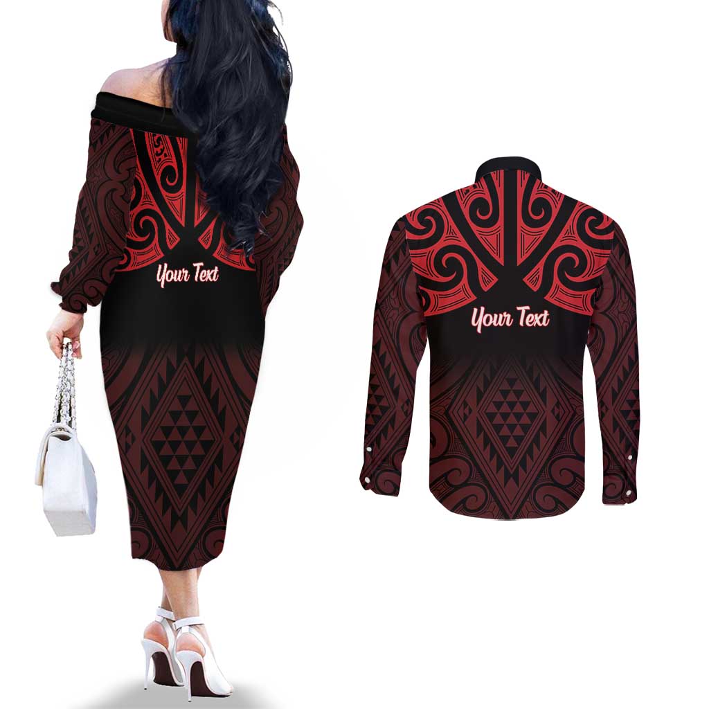 Personalised Keep Maori Wards New Zealand Couples Matching Off The Shoulder Long Sleeve Dress and Long Sleeve Button Shirt Stronger Together Aotearoa Taniko LT14 - Polynesian Pride