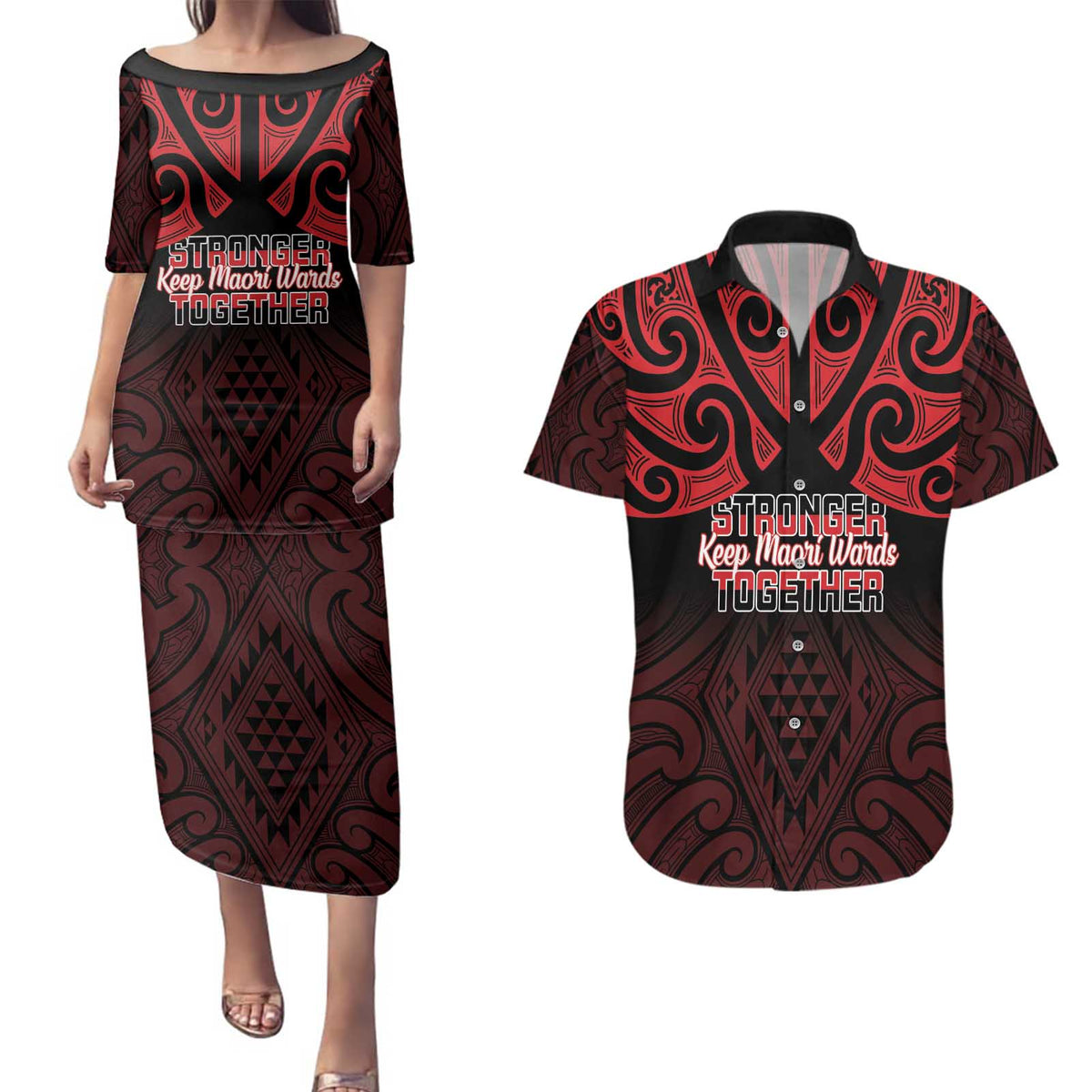 Personalised Keep Maori Wards New Zealand Couples Matching Puletasi and Hawaiian Shirt Stronger Together Aotearoa Taniko - Polynesian Pride