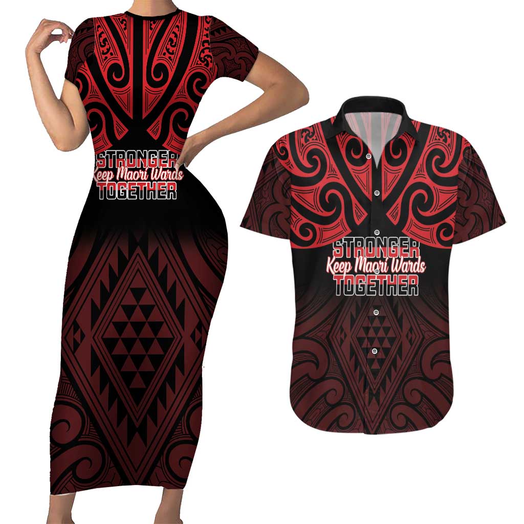Personalised Keep Maori Wards New Zealand Couples Matching Short Sleeve Bodycon Dress and Hawaiian Shirt Stronger Together Aotearoa Taniko LT14 Black - Polynesian Pride