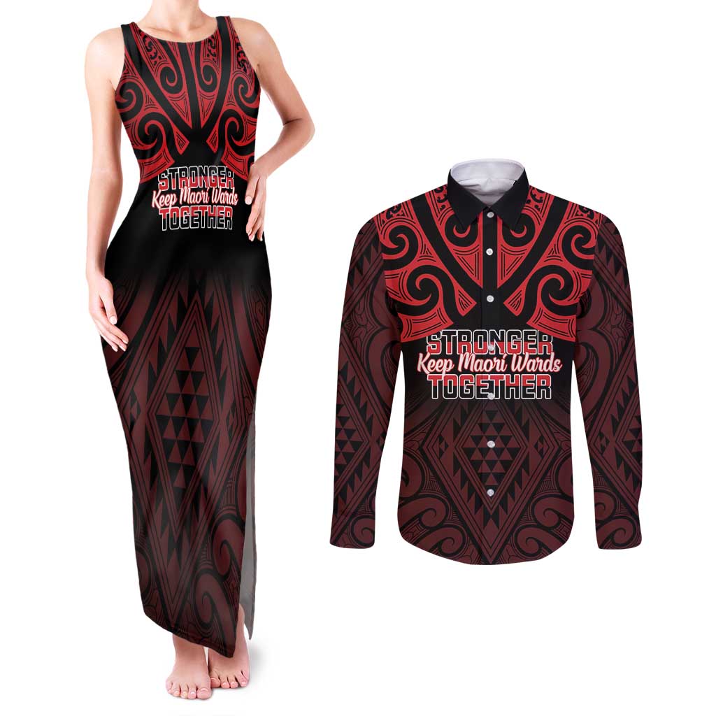 Personalised Keep Maori Wards New Zealand Couples Matching Tank Maxi Dress and Long Sleeve Button Shirt Stronger Together Aotearoa Taniko - Polynesian Pride