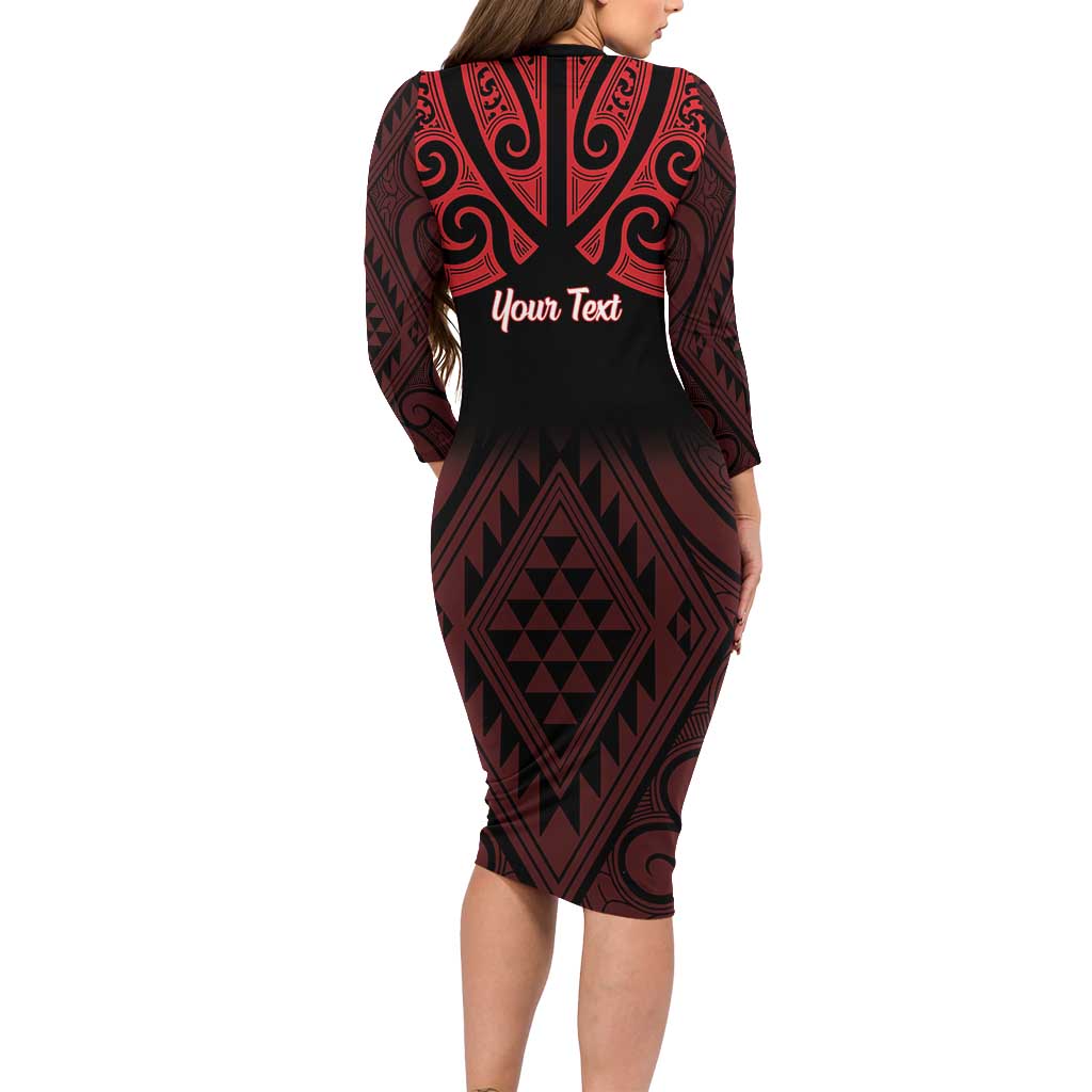 Personalised Keep Maori Wards New Zealand Long Sleeve Bodycon Dress Stronger Together Aotearoa Taniko - Polynesian Pride