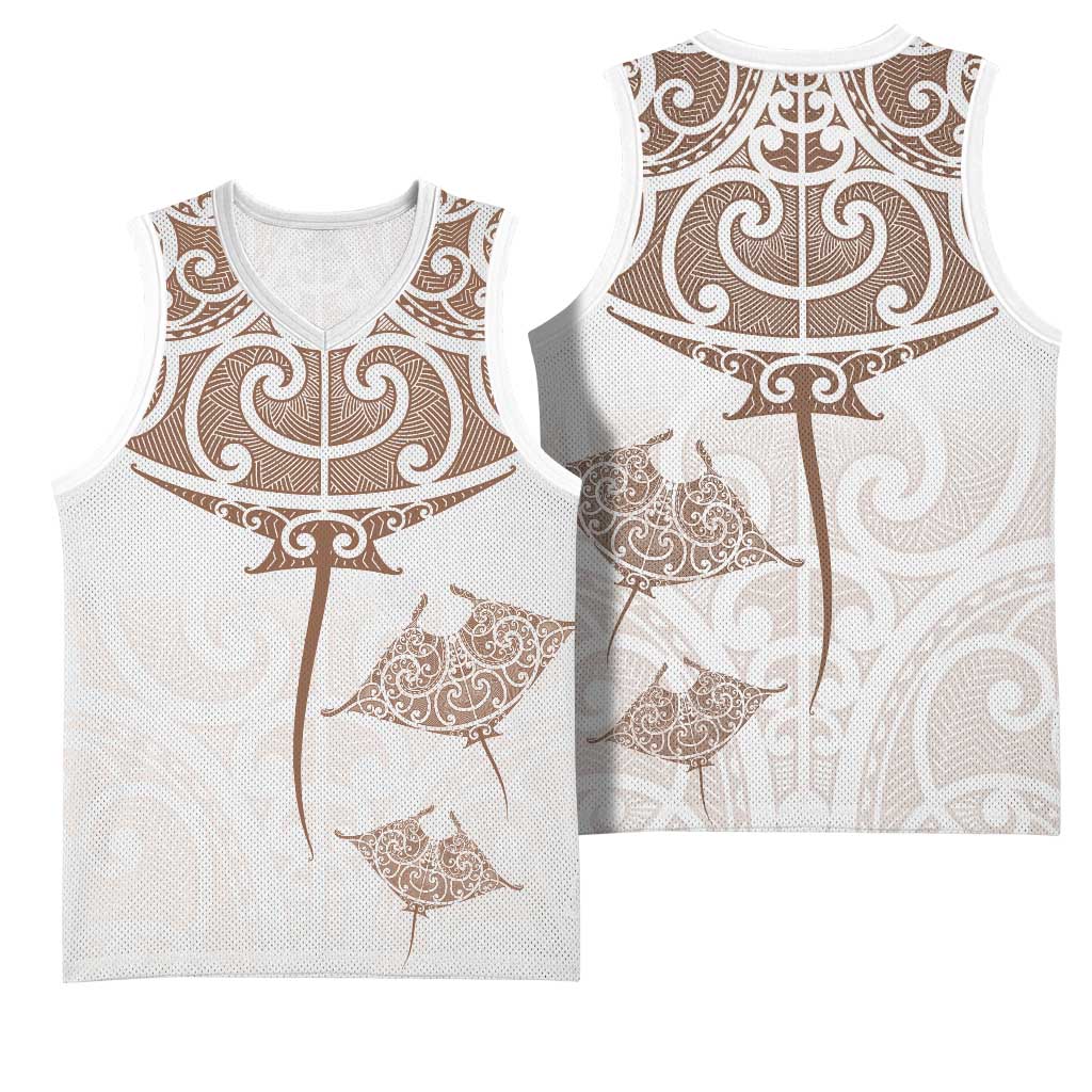 New Zealand Manta Ray Tattoo Basketball Jersey Aotearoa Maori Haehae Beige - Polynesian Pride