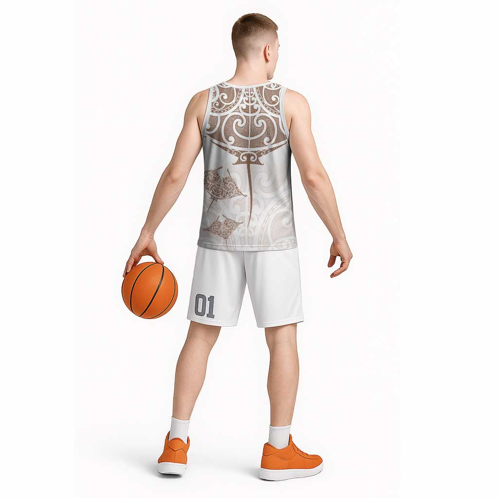 New Zealand Manta Ray Tattoo Basketball Jersey Aotearoa Maori Haehae Beige - Polynesian Pride