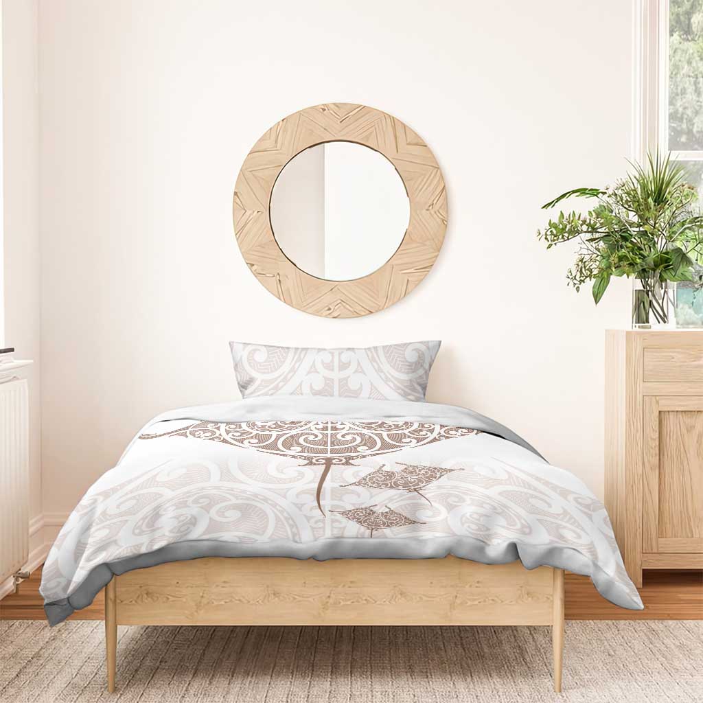 New Zealand Manta Ray Tattoo Bedding Set Aotearoa Maori Haehae Beige - Polynesian Pride