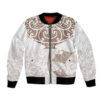 New Zealand Manta Ray Tattoo Bomber Jacket Aotearoa Maori Haehae Beige - Polynesian Pride