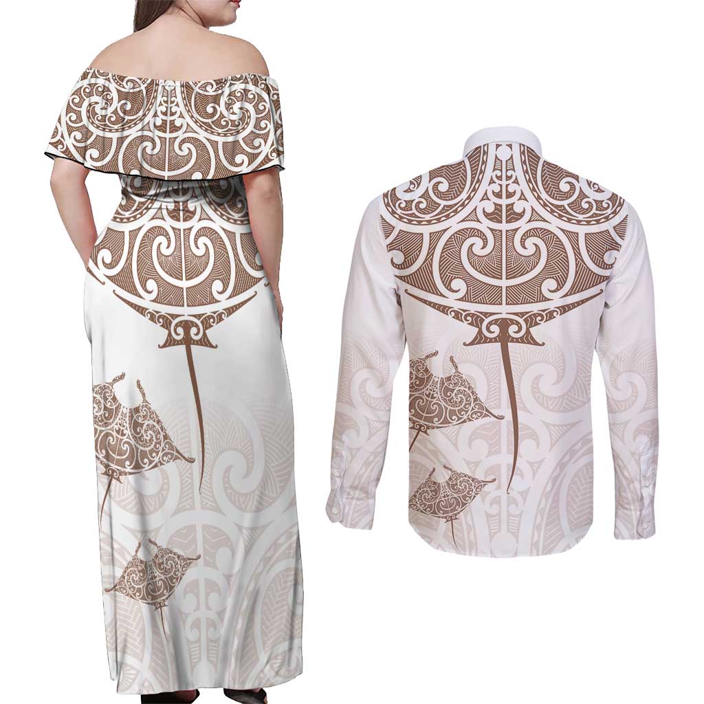New Zealand Manta Ray Tattoo Couples Matching Off Shoulder Maxi Dress and Long Sleeve Button Shirt Aotearoa Maori Haehae Beige - Polynesian Pride