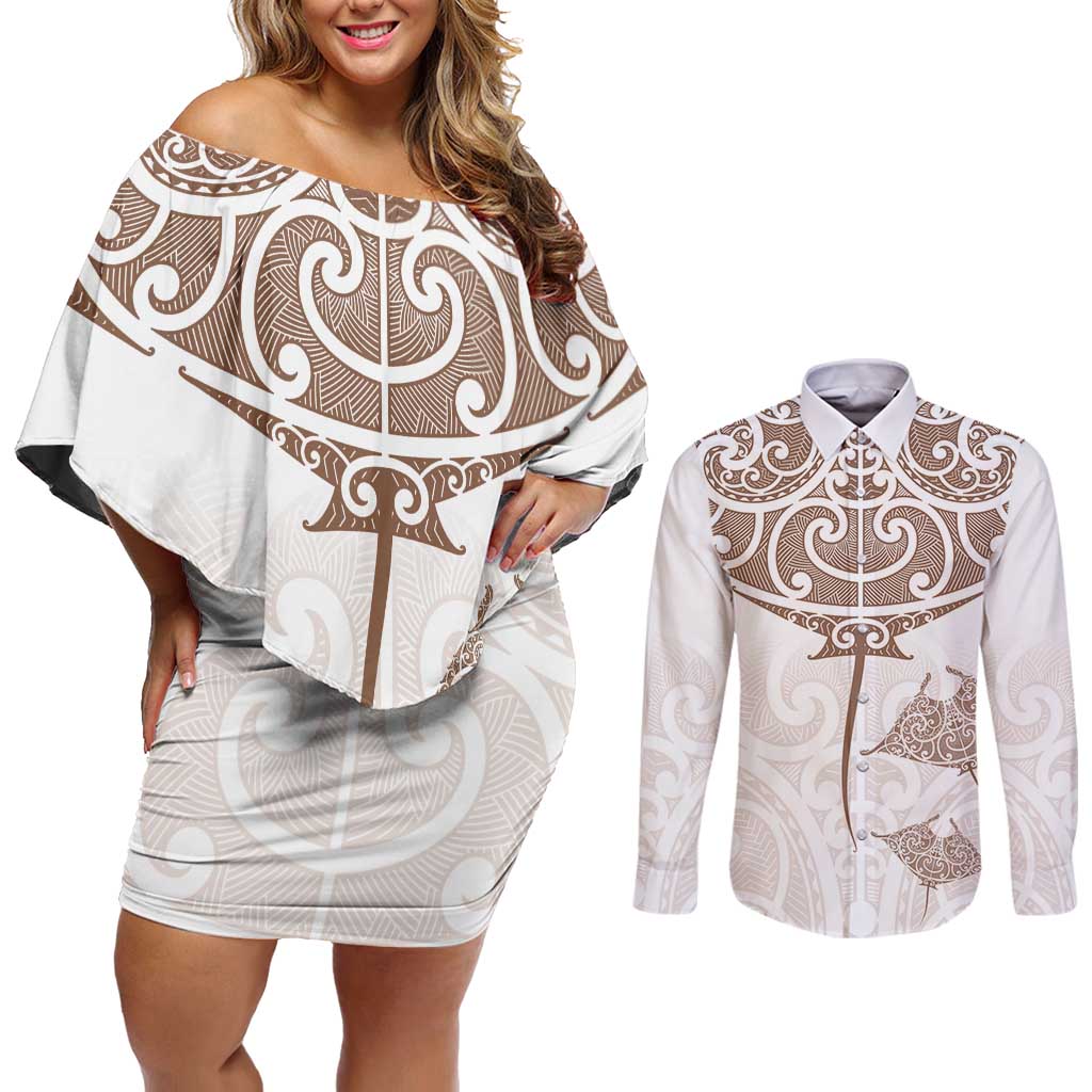 New Zealand Manta Ray Tattoo Couples Matching Off Shoulder Short Dress and Long Sleeve Button Shirt Aotearoa Maori Haehae Beige - Polynesian Pride