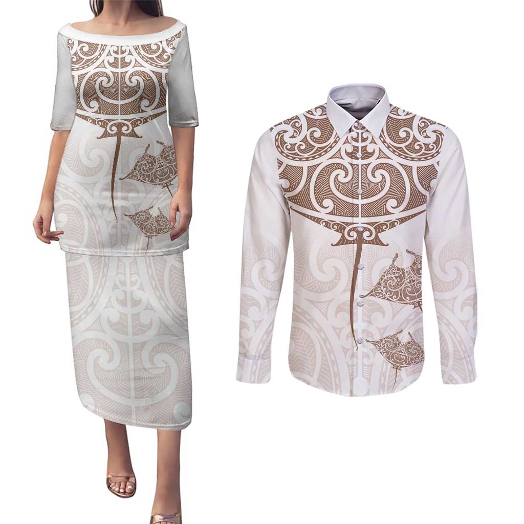 New Zealand Manta Ray Tattoo Couples Matching Puletasi and Long Sleeve Button Shirt Aotearoa Maori Haehae Beige - Polynesian Pride