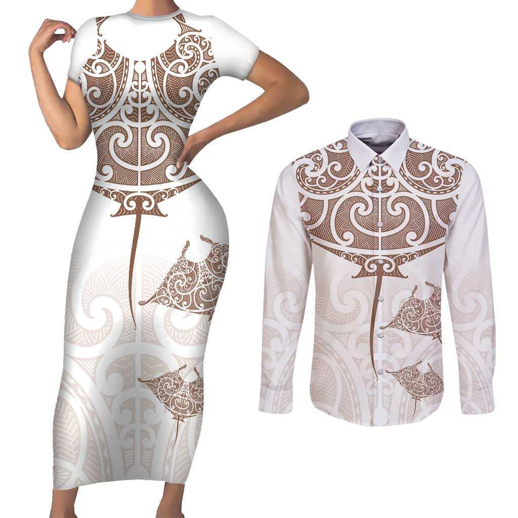 New Zealand Manta Ray Tattoo Couples Matching Short Sleeve Bodycon Dress and Long Sleeve Button Shirt Aotearoa Maori Haehae Beige - Polynesian Pride