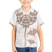 New Zealand Manta Ray Tattoo Family Matching Off The Shoulder Long Sleeve Dress and Hawaiian Shirt Aotearoa Maori Haehae Beige - Polynesian Pride