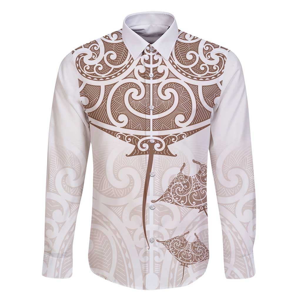New Zealand Manta Ray Tattoo Family Matching Off Shoulder Maxi Dress and Hawaiian Shirt Aotearoa Maori Haehae Beige - Polynesian Pride