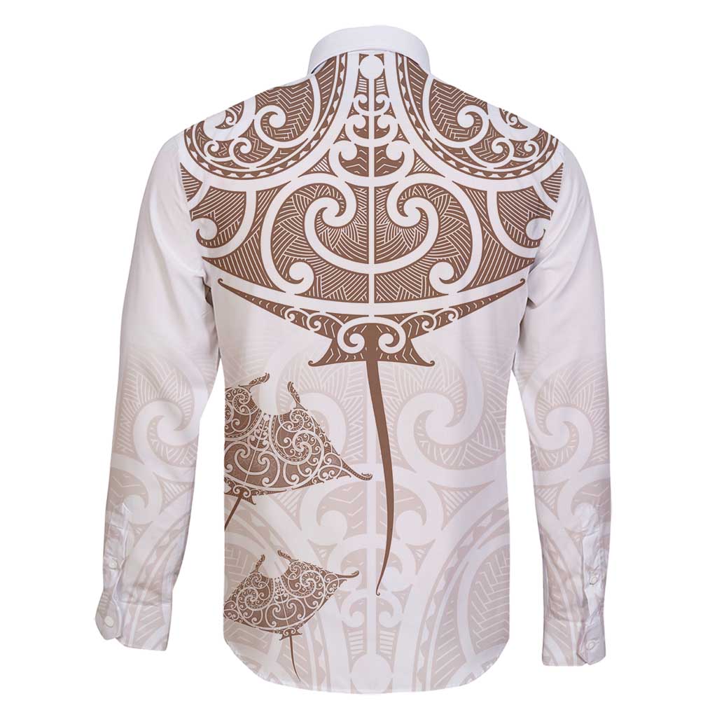 New Zealand Manta Ray Tattoo Family Matching Off Shoulder Maxi Dress and Hawaiian Shirt Aotearoa Maori Haehae Beige - Polynesian Pride
