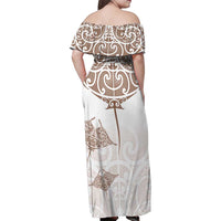 New Zealand Manta Ray Tattoo Family Matching Off Shoulder Maxi Dress and Hawaiian Shirt Aotearoa Maori Haehae Beige - Polynesian Pride