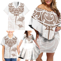 New Zealand Manta Ray Tattoo Family Matching Off Shoulder Short Dress and Hawaiian Shirt Aotearoa Maori Haehae Beige - Polynesian Pride