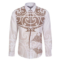 New Zealand Manta Ray Tattoo Family Matching Off Shoulder Short Dress and Hawaiian Shirt Aotearoa Maori Haehae Beige - Polynesian Pride