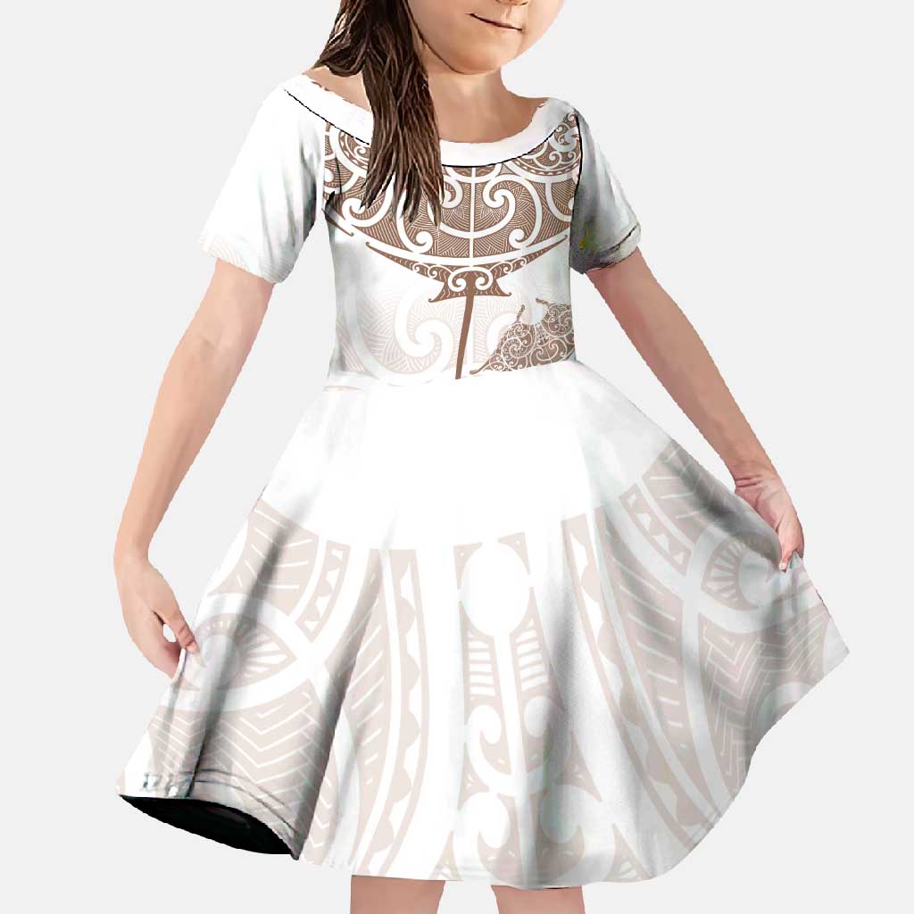 New Zealand Manta Ray Tattoo Family Matching Short Sleeve Bodycon Dress and Hawaiian Shirt Aotearoa Maori Haehae Beige - Polynesian Pride