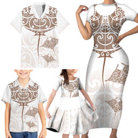 New Zealand Manta Ray Tattoo Family Matching Short Sleeve Bodycon Dress and Hawaiian Shirt Aotearoa Maori Haehae Beige - Polynesian Pride