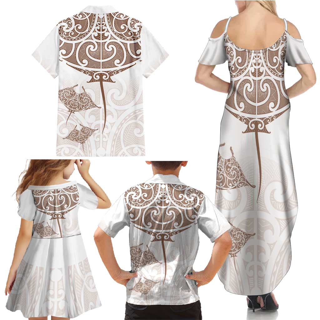 New Zealand Manta Ray Tattoo Family Matching Summer Maxi Dress and Hawaiian Shirt Aotearoa Maori Haehae Beige - Polynesian Pride
