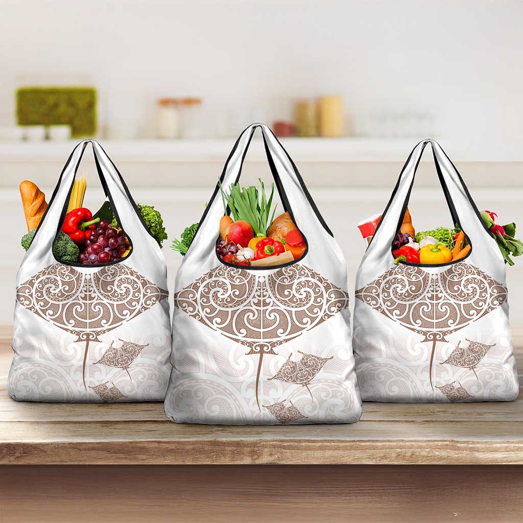 New Zealand Manta Ray Tattoo Grocery Bag Aotearoa Maori Haehae Beige - Polynesian Pride