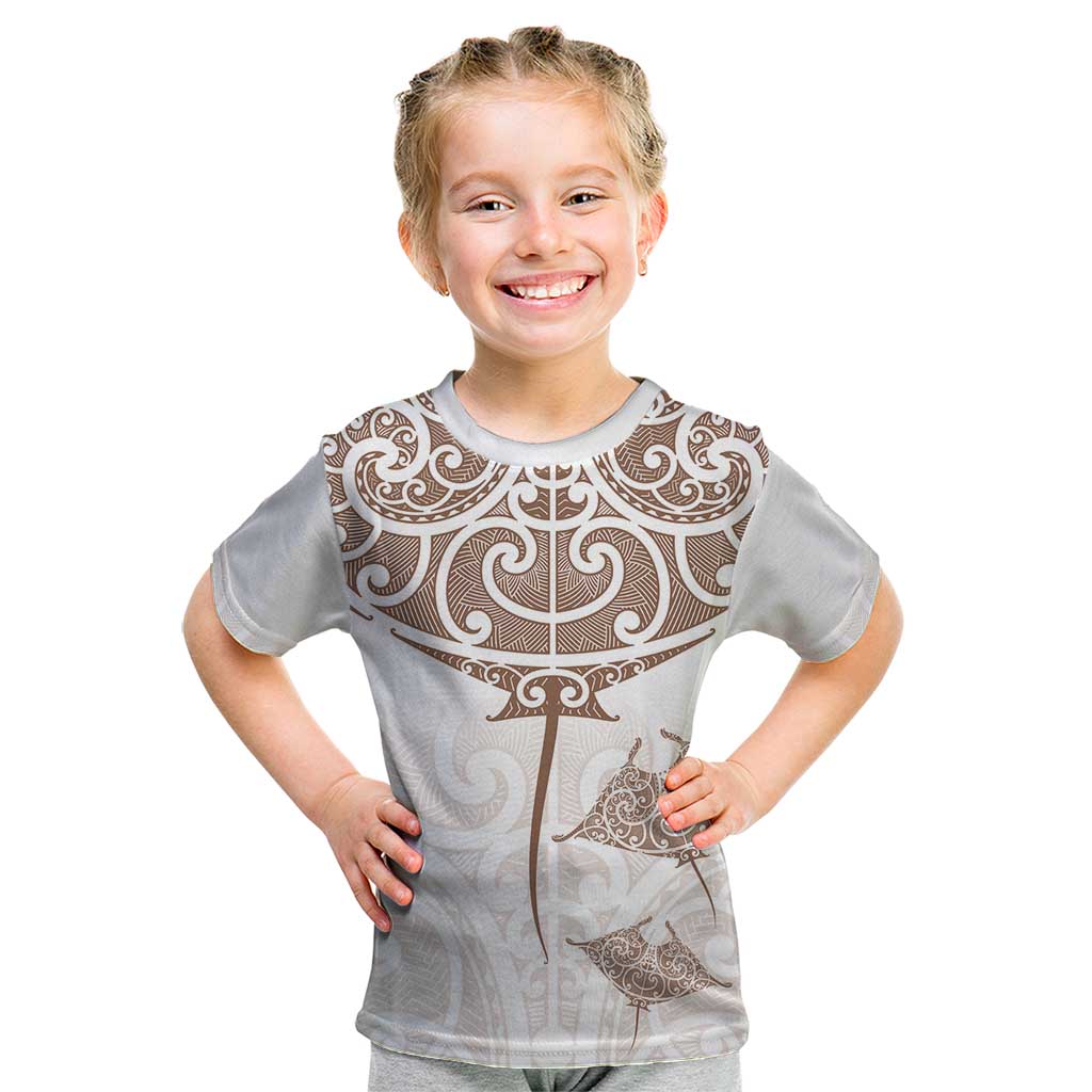 New Zealand Manta Ray Tattoo Kid T Shirt Aotearoa Maori Haehae Beige - Polynesian Pride