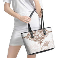 New Zealand Manta Ray Tattoo Leather Tote Bag Aotearoa Maori Haehae Beige - Polynesian Pride