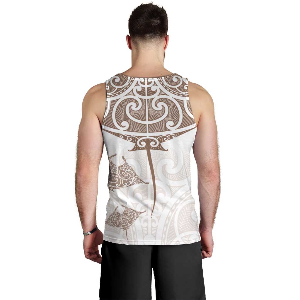 New Zealand Manta Ray Tattoo Men Tank Top Aotearoa Maori Haehae Beige - Polynesian Pride