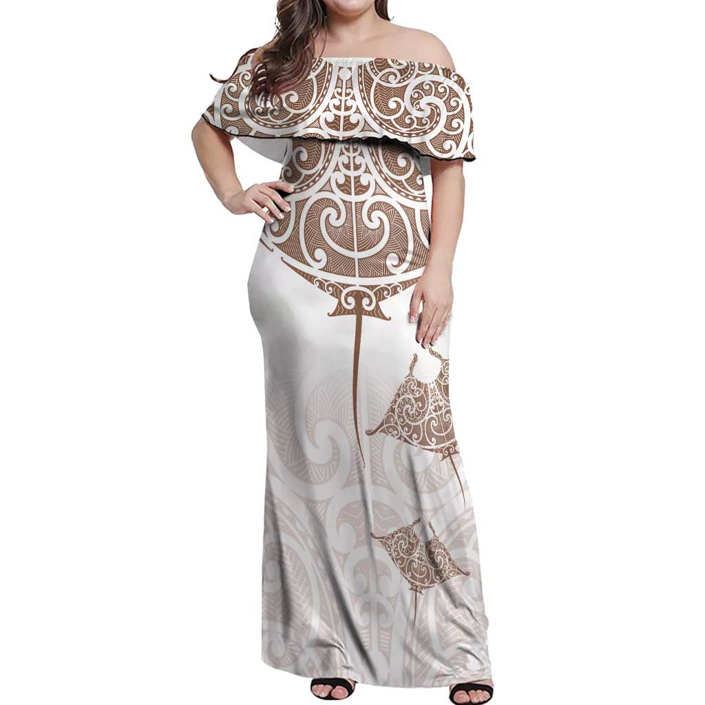 New Zealand Manta Ray Tattoo Off Shoulder Maxi Dress Aotearoa Maori Haehae Beige - Polynesian Pride