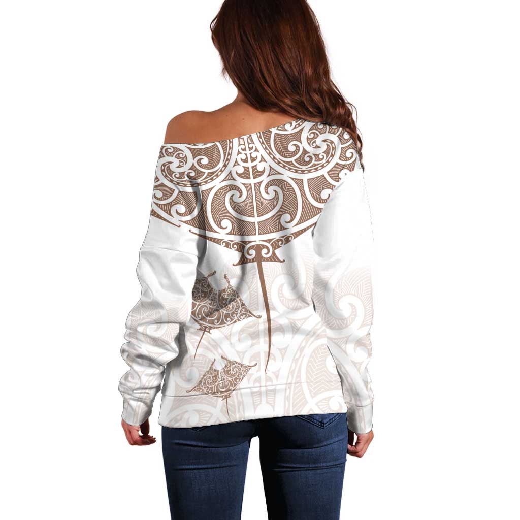 New Zealand Manta Ray Tattoo Off Shoulder Sweater Aotearoa Maori Haehae Beige - Polynesian Pride