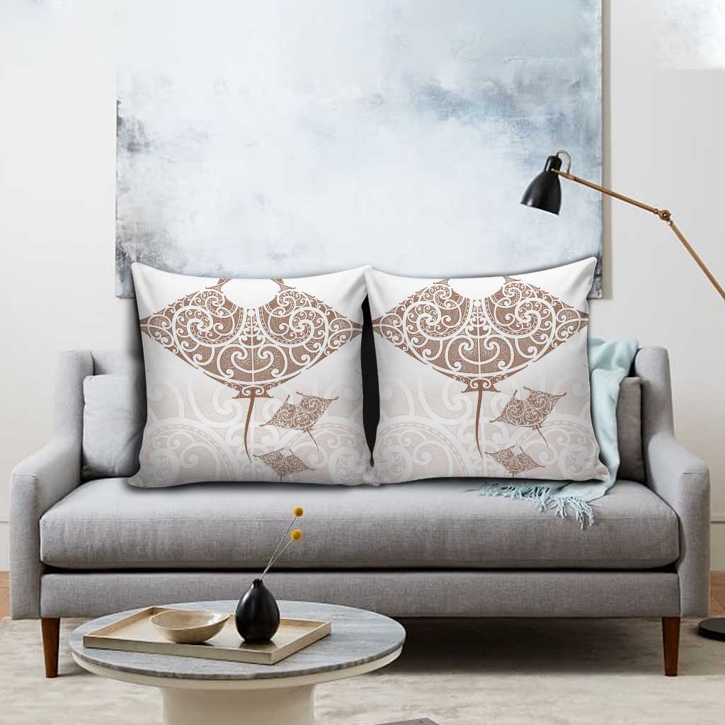 New Zealand Manta Ray Tattoo Pillow Cover Aotearoa Maori Haehae Beige - Polynesian Pride