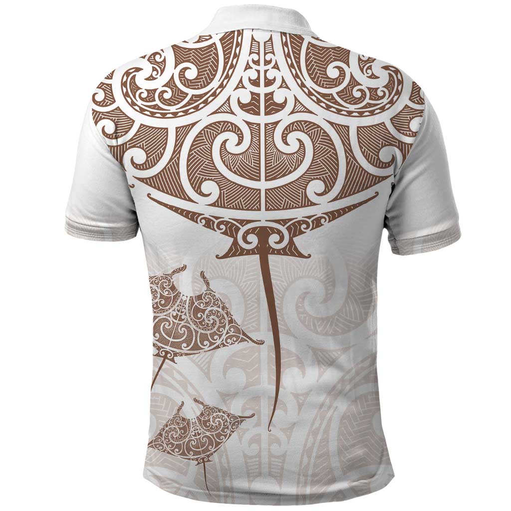 New Zealand Manta Ray Tattoo Polo Shirt Aotearoa Maori Haehae Beige - Polynesian Pride