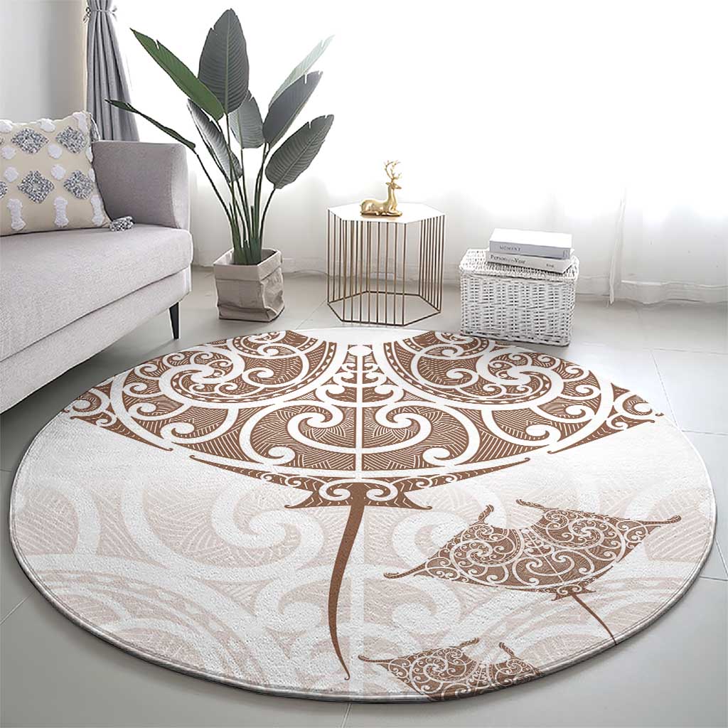 New Zealand Manta Ray Tattoo Round Carpet Aotearoa Maori Haehae Beige - Polynesian Pride