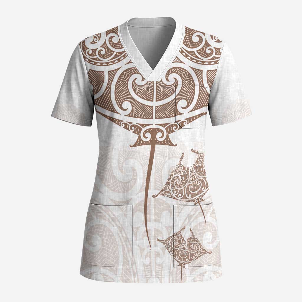 New Zealand Manta Ray Tattoo Scrub Top Aotearoa Maori Haehae Beige - Polynesian Pride