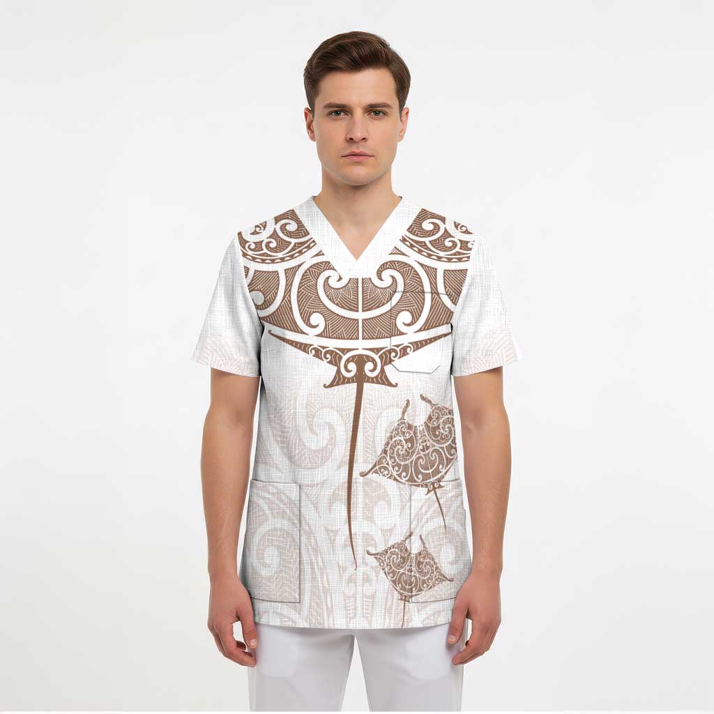 New Zealand Manta Ray Tattoo Scrub Top Aotearoa Maori Haehae Beige - Polynesian Pride