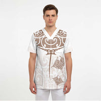 New Zealand Manta Ray Tattoo Scrub Top Aotearoa Maori Haehae Beige - Polynesian Pride