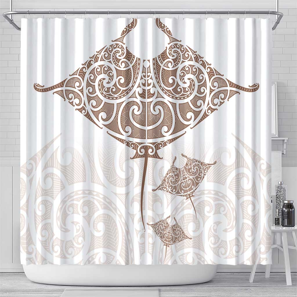New Zealand Manta Ray Tattoo Shower Curtain Aotearoa Maori Haehae Beige - Polynesian Pride