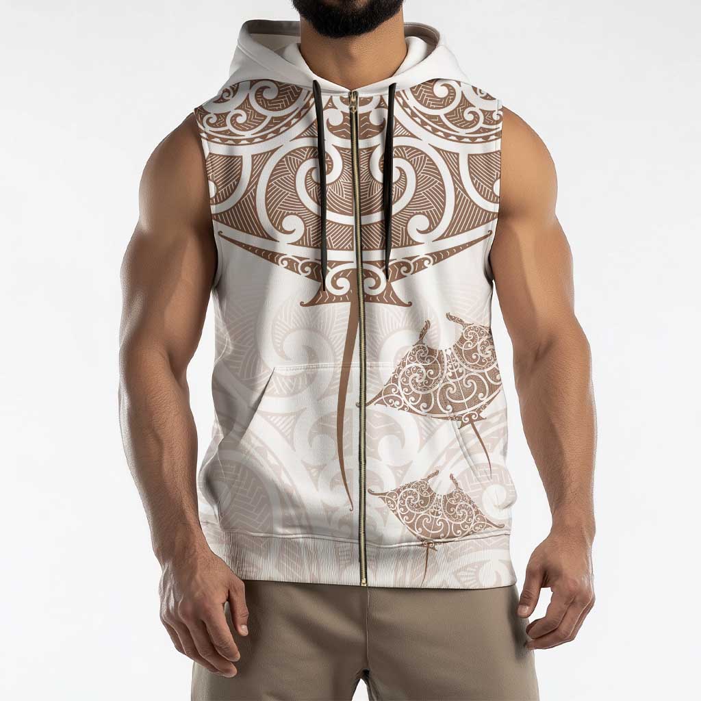 New Zealand Manta Ray Tattoo Sleeveless Zip Hoodie Aotearoa Maori Haehae Beige - Polynesian Pride