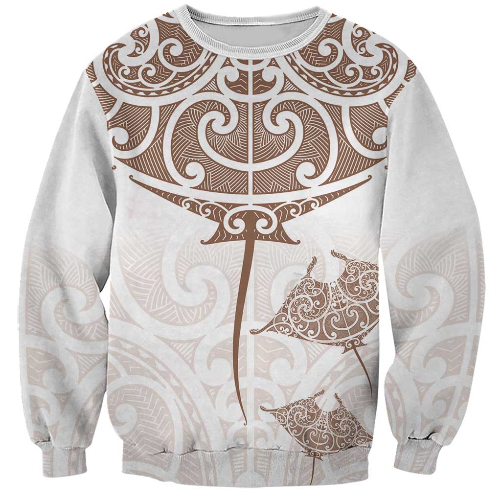 New Zealand Manta Ray Tattoo Sweatshirt Aotearoa Maori Haehae Beige - Polynesian Pride