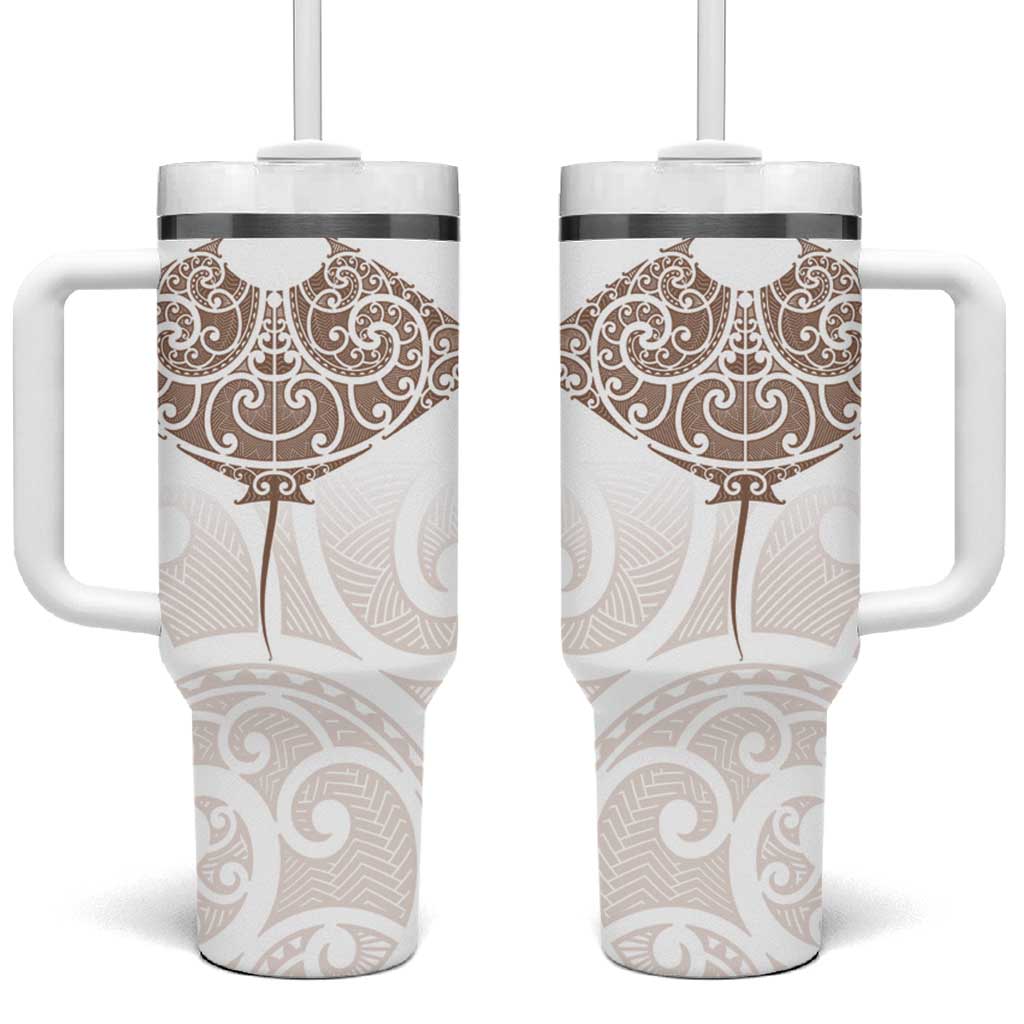 New Zealand Manta Ray Tattoo Tumbler With Handle Aotearoa Maori Haehae Beige - Polynesian Pride