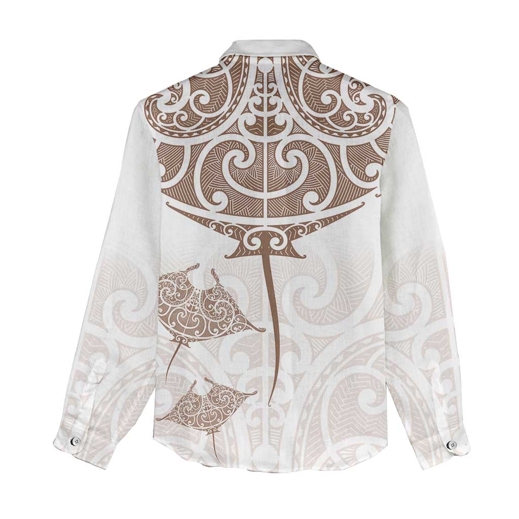 New Zealand Manta Ray Tattoo Women Casual Shirt Aotearoa Maori Haehae Beige - Polynesian Pride
